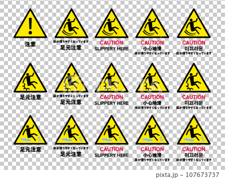 Icon set of caution where to step, caution against falling, and slippery signs Icon set of caution where to step, caution against falling, and slippery signs 107673737