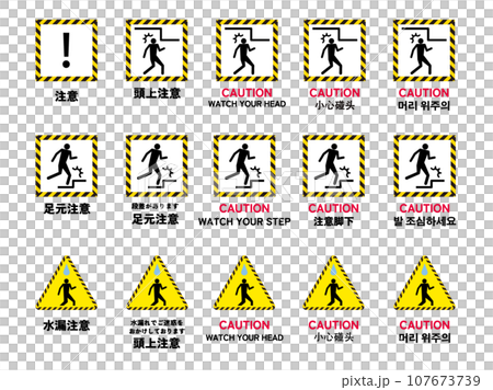Icon set of signs warning of caution under foot and over head (tralope pattern) 107673739