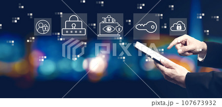 Data Privacy concept with businessman using a tablet computer Data Privacy concept with businessman using a tablet computer 107673932