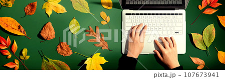 Autumn leaves with person using a laptop computer Autumn leaves with person using a laptop computer 107673941
