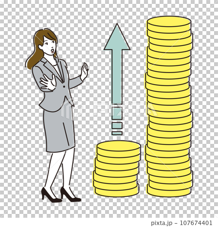 積み上がるコインを見上げる女性 107674401