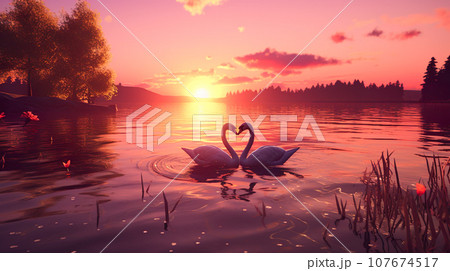 夕暮れの中ハート型に寄り添う二羽の白鳥「AI生成画像」 夕暮れの中ハート型に寄り添う二羽の白鳥「AI生成画像」 107674517