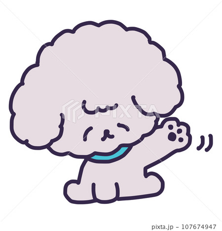 おすわりをして手を振るかわいいトイプードルの子犬のイラスト おすわりをして手を振るかわいいトイプードルの子犬のイラスト 107674947