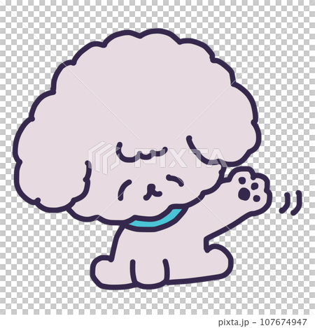 おすわりをして手を振るかわいいトイプードルの子犬のイラスト おすわりをして手を振るかわいいトイプードルの子犬のイラスト 107674947