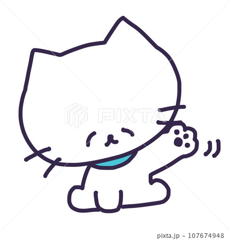 おすわりをして手を振るかわいい白い色の子猫のイラストの