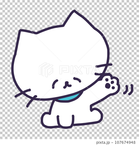 おすわりをして手を振るかわいい白い色の子猫のイラスト おすわりをして手を振るかわいい白い色の子猫のイラスト 107674948