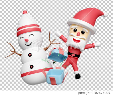 Santa Claus and snowman with surprise gift box isolated. merry christmas and happy new year, 3d render illustration Santa Claus and snowman with surprise gift box isolated. merry christmas and happy new year, 3d render illustration 107675005