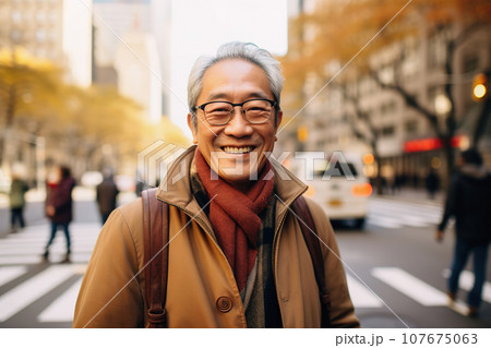 Senior Asian man in winter clothes. Urban lifestyle, street portrait Senior Asian man in winter clothes. Urban lifestyle, street portrait 107675063