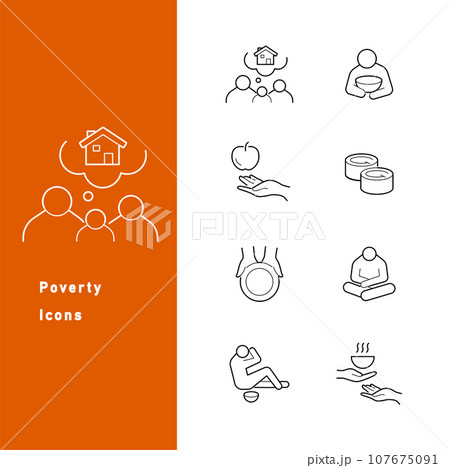 世界の貧困・食糧危機に関する線画アイコンのセット 107675091