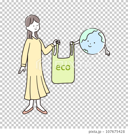 一個帶著生態袋的女人和地球人物的插畫素材 107675428