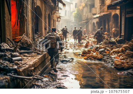 Soldiers at war on the battlefield 107675507