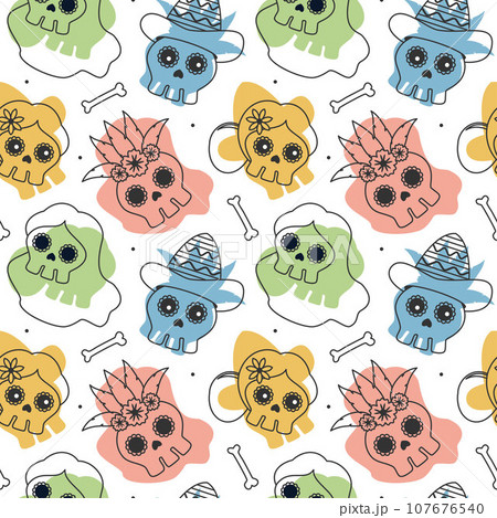 Dia de Muertos Seamless Pattern Illustration with Day of the Dead and Skeleton Element in Mexican Design Dia de Muertos Seamless Pattern Illustration with Day of the Dead and Skeleton Element in Mexican Design 107676540