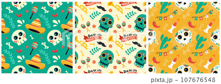 Set of Dia de Muertos Seamless Pattern Illustration with Day of the Dead and Skeleton Element in Mexican Design 107676548