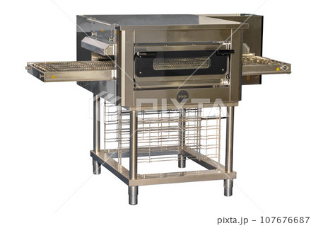 Tunnel pizza oven for preparing a variety of dishes. Isolated on a white background. Tunnel pizza oven for preparing a variety of dishes. Isolated on a white background. 107676687