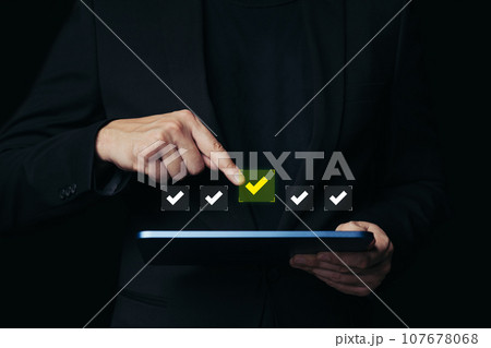 Quality assurance with checklist steps quality selection. Certification. compliance to regulations service and standardization. Quality assurance with checklist steps quality selection. Certification. compliance to regulations service and standardization. 107678068