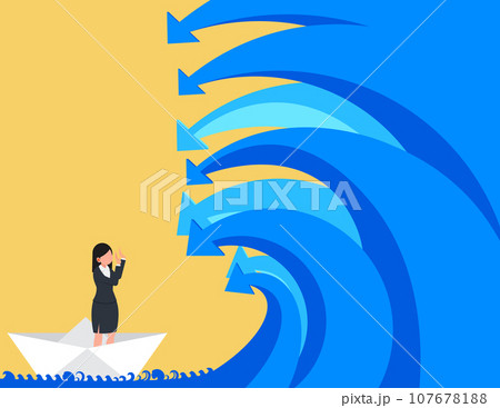 Crisis and business risks. Business woman looking arrow like falling ocean wave. Crisis and business risks. Business woman looking arrow like falling ocean wave. 107678188