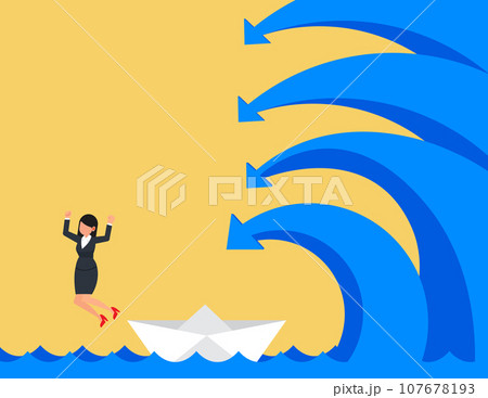 Risks and challenges of business. business woman jumps out of a boat to escape the arrow waves. Risks and challenges of business. business woman jumps out of a boat to escape the arrow waves. 107678193