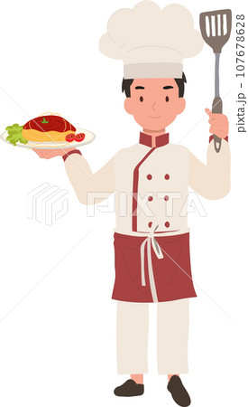 Happy Child Chef Serving Pasta. Young Cook in Chef Hat Prepares Delicious Spaghetti 107678628