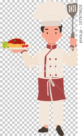 Happy Child Chef Serving Pasta. Young Cook in Chef Hat Prepares Delicious Spaghetti 107678628