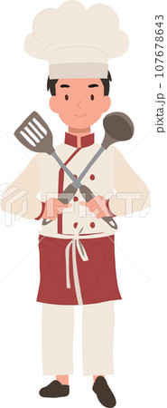 Young Culinary Pro Holding Flipper and Dipper. Confident Kid Chef with Crossed Arms Young Culinary Pro Holding Flipper and Dipper. Confident Kid Chef with Crossed Arms 107678643