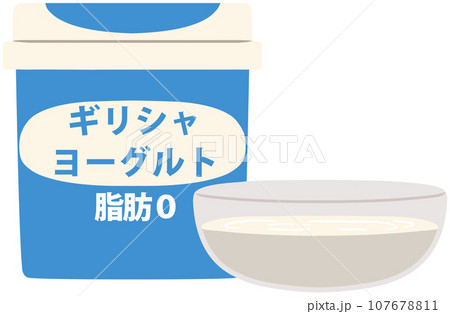 パッケージ容器と透明なガラス容器に入れて並べたギリシャヨーグルト無脂肪の主線なしイラスト 107678811