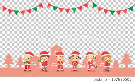 Christmas cityscape and illustration of cute children in Santa costumes copy space frame background Christmas cityscape and illustration of cute children in Santa costumes copy space frame background 107680505