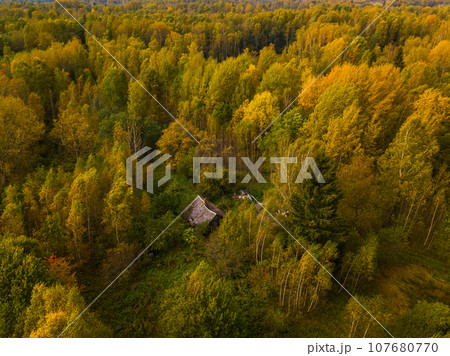 Old ruined house surrounded by autumn forest 107680770