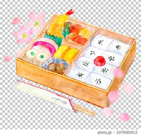 水彩イラスト　お花見弁当　お花見イメージ 107680912