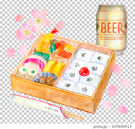 水彩イラスト　お花見弁当　お花見イメージ 107680913