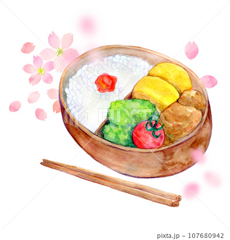 水彩イラスト　お花見弁当　お花見イメージ 107680942