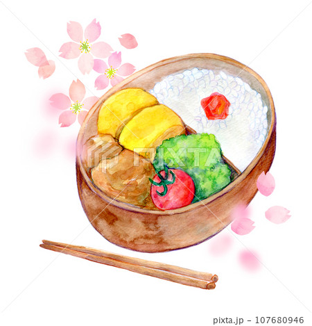 水彩イラスト お花見弁当 お花見イメージ 水彩イラスト お花見弁当 お花見イメージ 107680946