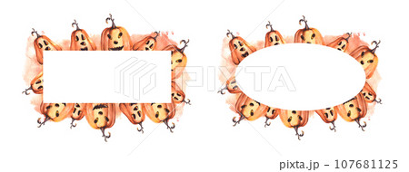 Happy Halloween pumpkin scary face. Square and oval frame, banner set with orange watercolor stains. Autumn watercolor illustration hand painting on white background Halloween celebration cards, flyer Happy Halloween pumpkin scary face. Square and oval frame, banner set with orange watercolor stains. Autumn watercolor illustration hand painting on white background Halloween celebration cards, flyer 107681125