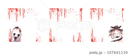 Halloween frame set. Ghost and witch with Blood stains. Watercolor scary hand painted illustration isolated white background Happy halloween monsters design for postcards, invitations, prints, cards. 107681130