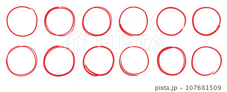 Hand drawn red marker round frame. Hand drawn marker stroke style doodle red circle frame. Scribble round frame for check, text highlight. Grunge scratch style set. Vector 107681509