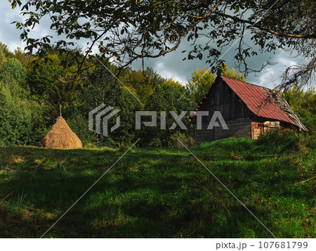 Old authentic wooden house hayloft Carpathian mountains Ukraine Europe Transcarpathia region. Eco tourism Cottagecore 107681799