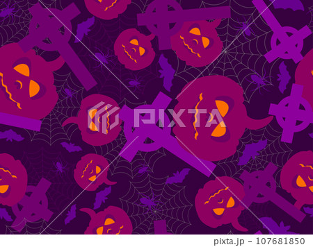 Halloween seamless pattern with Christian crosses, pumpkins, spiders and bats. Happy Halloween October 31st, Jack-O-Lantern. Design for wallpaper, banner and advertising material. Vector illustration Halloween seamless pattern with Christian crosses, pumpkins, spiders and bats. Happy Halloween October 31st, Jack-O-Lantern. Design for wallpaper, banner and advertising material. Vector illustration 107681850