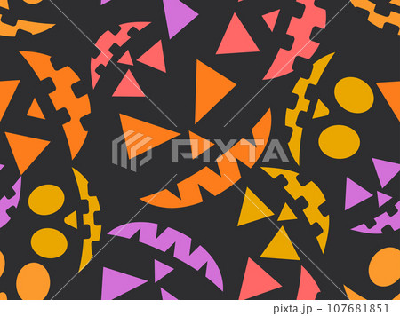 Halloween seamless pattern with scary faces. Colorful pumpkin faces carved for Halloween. Happy Halloween October 31st, Jack-O-Lantern. Design for wallpapers, banners and posters. Vector illustration 107681851