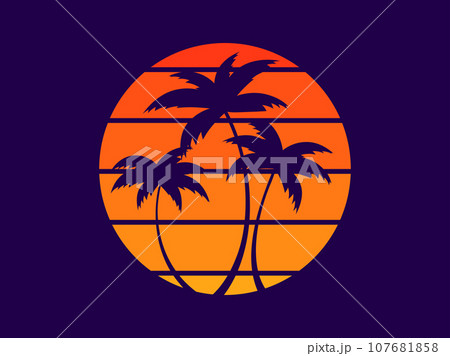 Tropical palm trees at sunset in a futuristic 80s style. Summer time, silhouettes of palm trees in synthwave and retrowave style. Design of advertising booklets and banners. vector illustration 107681858
