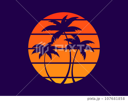 Tropical palm trees at sunset in a futuristic 80s style. Summer time, silhouettes of palm trees in synthwave and retrowave style. Design of advertising booklets and banners. vector illustration Tropical palm trees at sunset in a futuristic 80s style. Summer time, silhouettes of palm trees in synthwave and retrowave style. Design of advertising booklets and banners. vector illustration 107681858