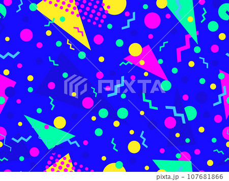 Memphis seamless pattern with geometric shapes in 80s and 90s style. Geometric shapes of different shapes and colors. Design of promotional products, wrapping paper and printing. Vector illustration Memphis seamless pattern with geometric shapes in 80s and 90s style. Geometric shapes of different shapes and colors. Design of promotional products, wrapping paper and printing. Vector illustration 107681866