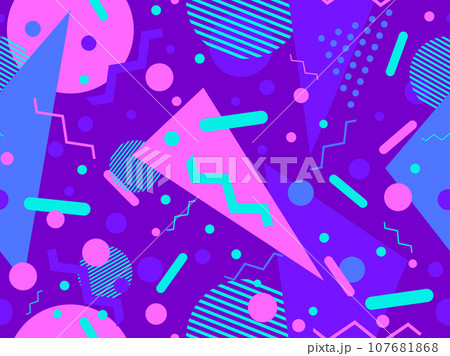 80s seamless pattern with geometric shapes in memphis style. Circles and triangles. Colorful abstract background for printing on promotional items, banners and wrapping paper. Vector illustration 107681868