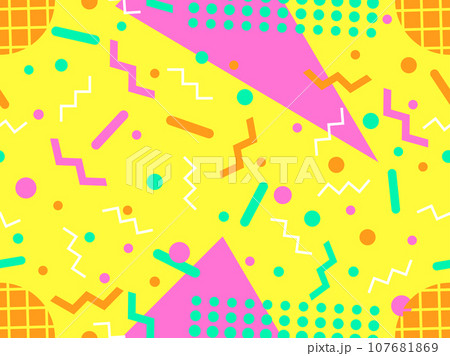 Geometric seamless pattern with memphis elements in 80s style. Colorful geometric pattern. Design of promotional products, wrapping paper and printing. Vector illustration Geometric seamless pattern with memphis elements in 80s style. Colorful geometric pattern. Design of promotional products, wrapping paper and printing. Vector illustration 107681869