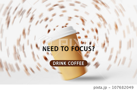 Need to focus - Drink coffee Floating latte cup flying beans 3D render motion blur Energy sip Coffee to go discount sale 107682049