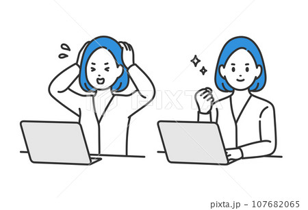 パソコンを見て焦る・ガッツポーズをするビジネスパーソン女性のセット【人物ベクターイラスト素材】 パソコンを見て焦る・ガッツポーズをするビジネスパーソン女性のセット【人物ベクターイラスト素材】 107682065