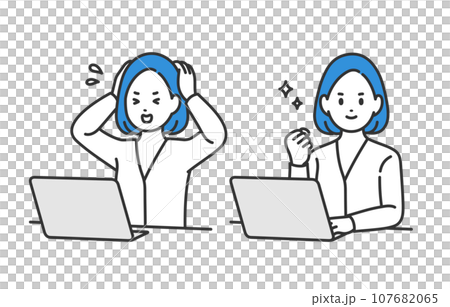 A set of businessperson women who are anxious and do fist pumps while looking at a computer [People vector illustration material] 107682065