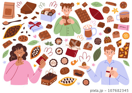 Chocolate hand drawn collection, doodle icons of cocoa beans, chocolates, bars, people eating chocolate candy, vector illustrations of sweet gifts for christmas, valentine, delicious cacao dessert set 107682345