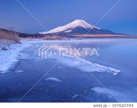 山梨_結氷する山中湖と夜明けの紅富士の絶景 107682394