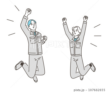 喜ぶ男女作業員がジャンプしてガッツポーズ【ベクターイラスト素材】 107682655