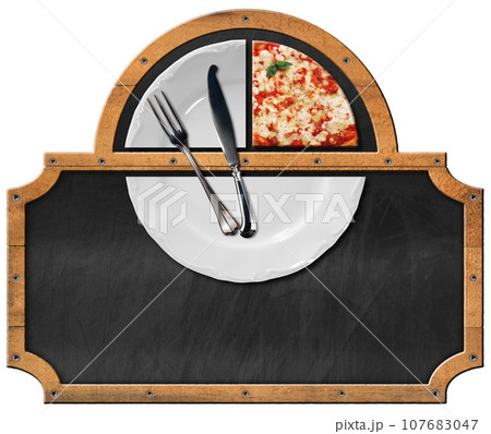 Template for a Pizza Menu with Empty Blackboard Isolated on White Background Template for a Pizza Menu with Empty Blackboard Isolated on White Background 107683047
