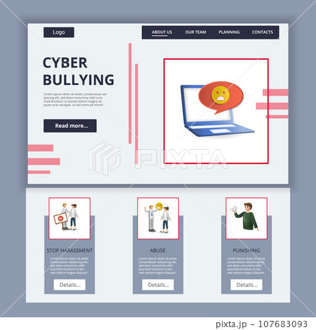 Cyber bullying flat landing page website template. Stop harassment, abuse, punishing. Web banner with header, content and footer. Vector illustration. Cyber bullying flat landing page website template. Stop harassment, abuse, punishing. Web banner with header, content and footer. Vector illustration. 107683093